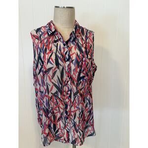 Liz Claiborne Shirt Womens XL Red Blue White Sleeveless Button Up Sheer Top